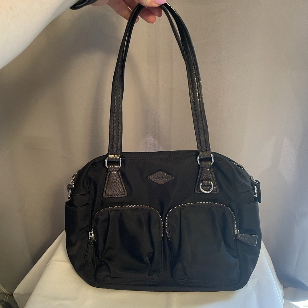 MZ Wallace Roxy Nylon Shoulder Bag Purse Black Metallic Handled Travel Tote EUC